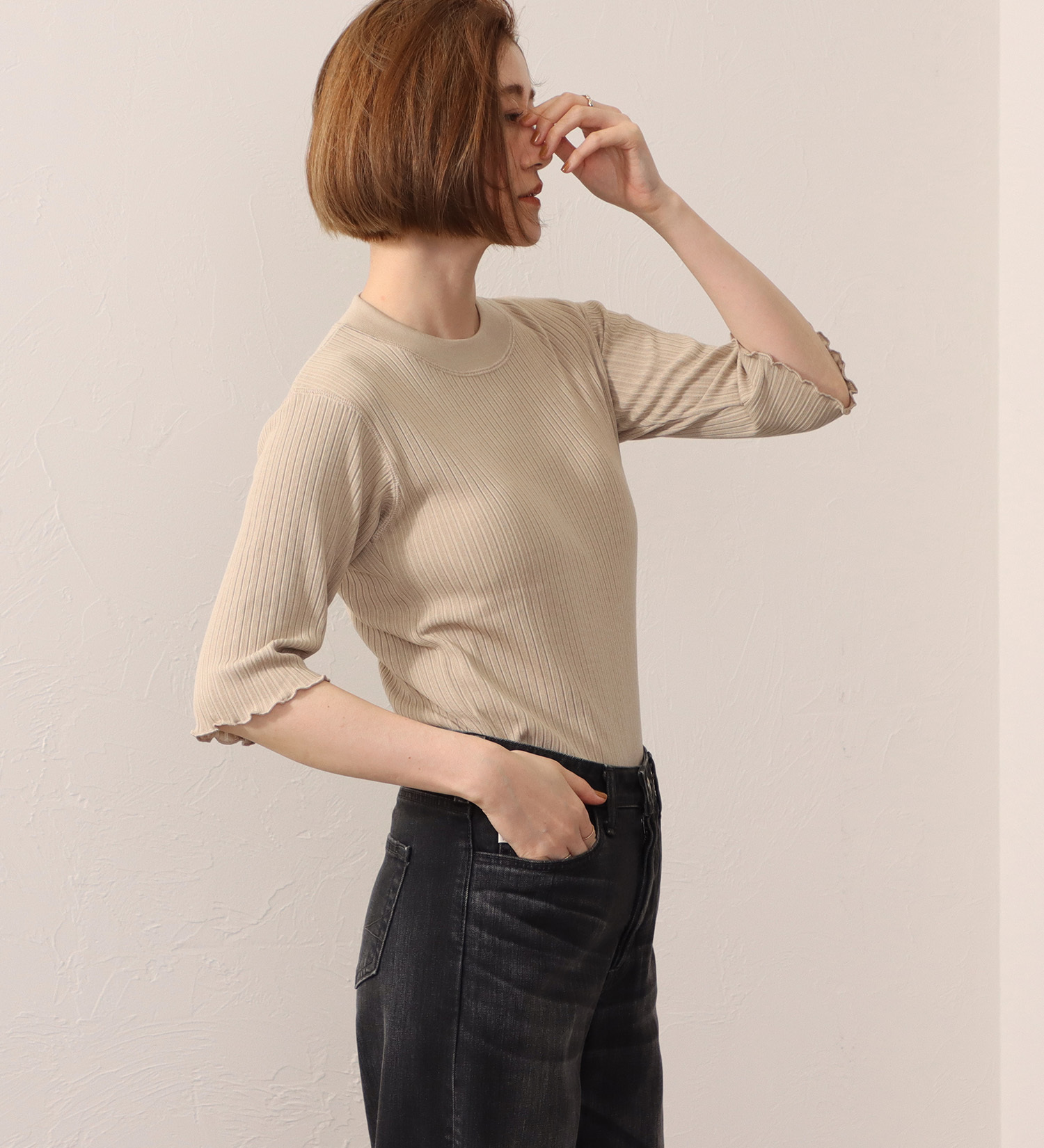 SOMETHING(サムシング)のSOMETHING リブ ジャカード ハイ ネック カットソー ミドル スリーブ|トップス/Tシャツ/カットソー/レディース|ベージュ