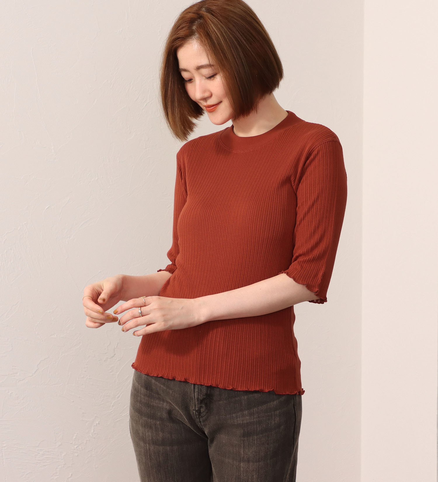 SOMETHING(サムシング)のSOMETHING リブ ジャカード ハイ ネック カットソー ミドル スリーブ|トップス/Tシャツ/カットソー/レディース|オレンジ