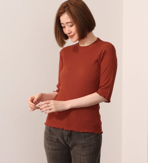 SOMETHING(サムシング)のSOMETHING リブ ジャカード ハイ ネック カットソー ミドル スリーブ|トップス/Tシャツ/カットソー/レディース|オレンジ