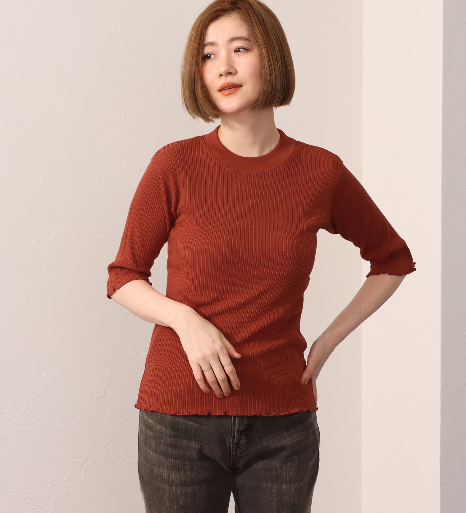 SOMETHING(サムシング)のSOMETHING リブ ジャカード ハイ ネック カットソー ミドル スリーブ|トップス/Tシャツ/カットソー/レディース|オレンジ