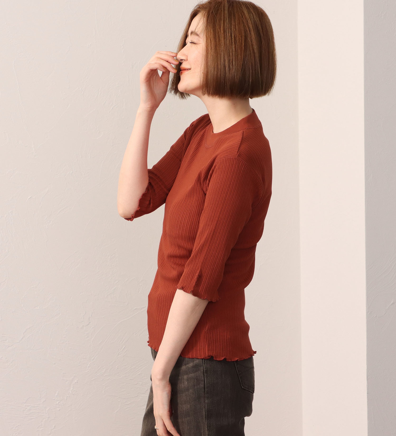 SOMETHING(サムシング)のSOMETHING リブ ジャカード ハイ ネック カットソー ミドル スリーブ|トップス/Tシャツ/カットソー/レディース|オレンジ