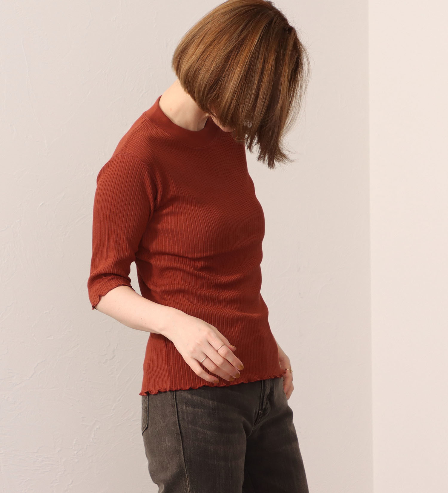 SOMETHING(サムシング)のSOMETHING リブ ジャカード ハイ ネック カットソー ミドル スリーブ|トップス/Tシャツ/カットソー/レディース|オレンジ