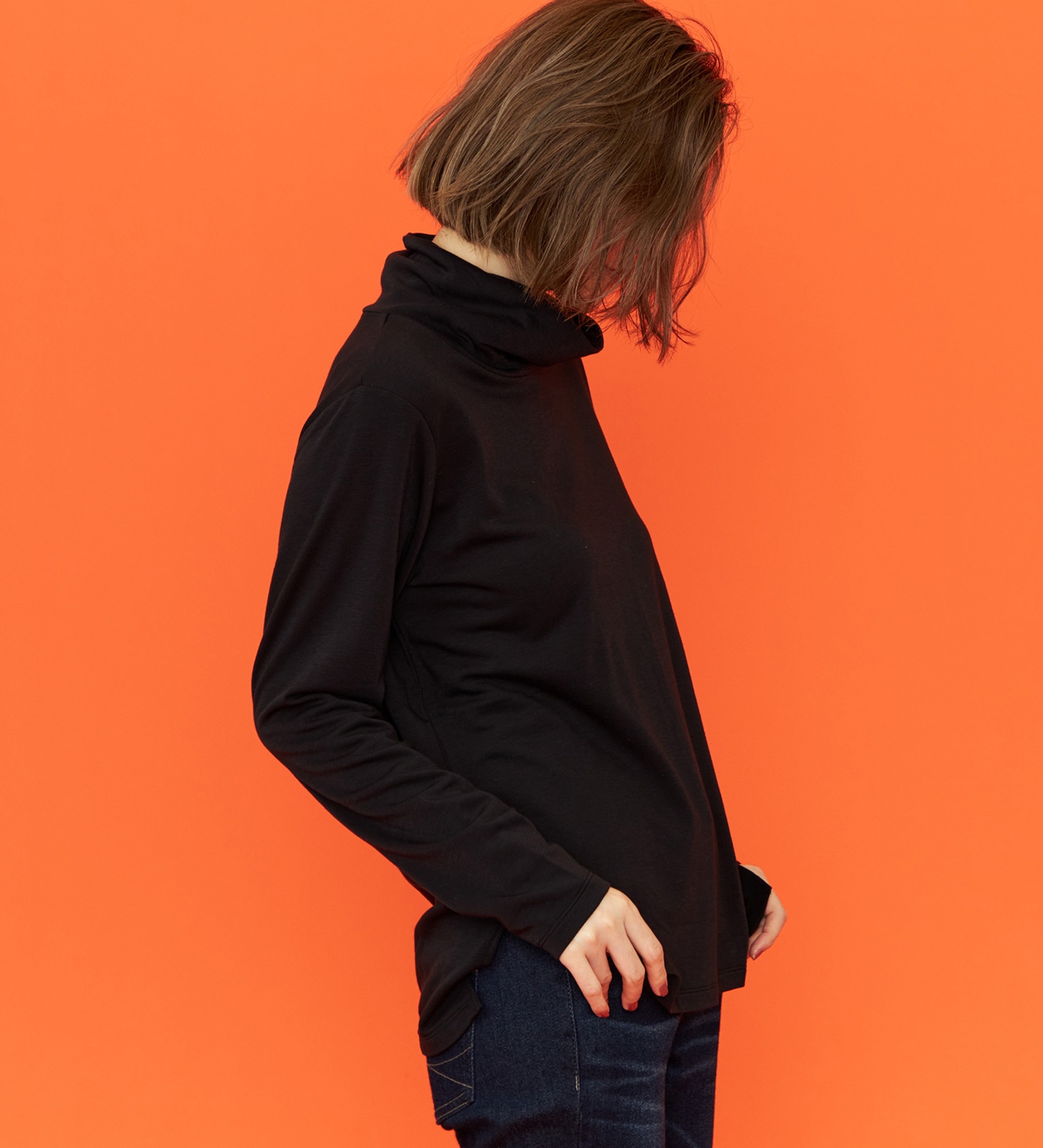 SOMETHING(サムシング)のSOMETHING BODYFIREタートルネックカットソー【暖】|トップス/Tシャツ/カットソー/レディース|ブラック