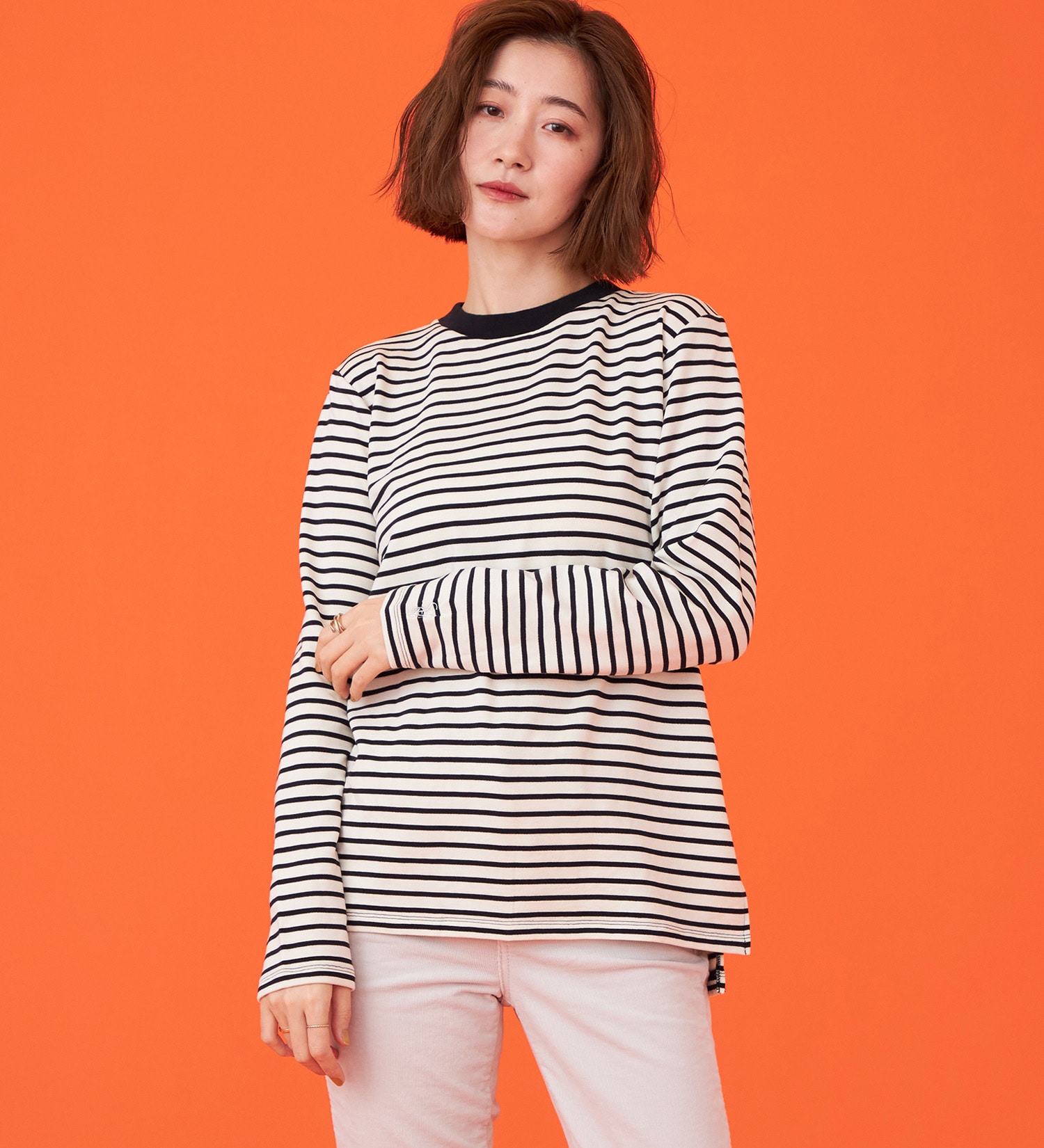 SOMETHING(サムシング)のSOMETHING BODYFIREモックネック長袖カットソー【暖】|トップス/Tシャツ/カットソー/レディース|ブラック×ホワイト