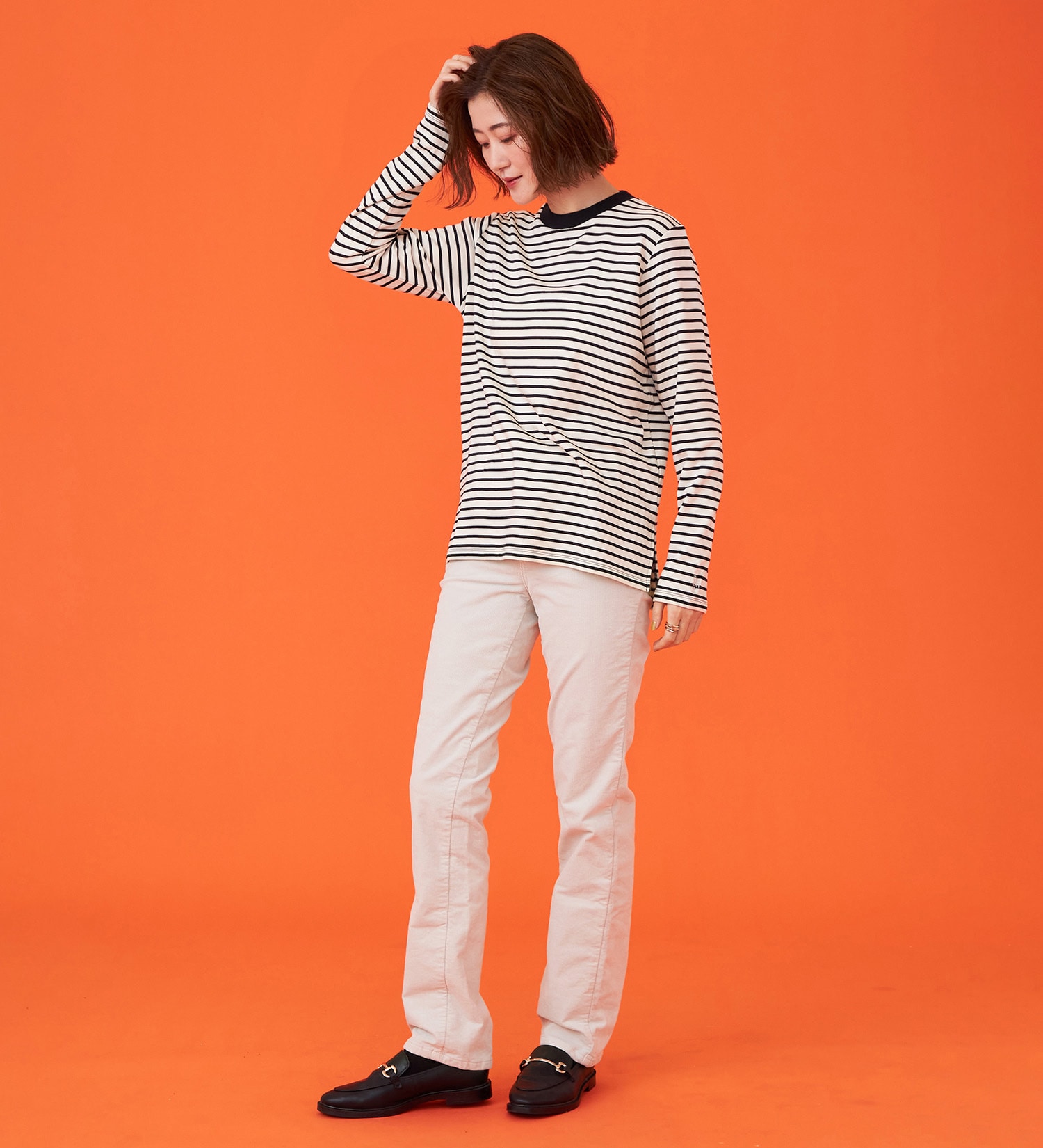 SOMETHING(サムシング)のSOMETHING BODYFIREモックネック長袖カットソー【暖】|トップス/Tシャツ/カットソー/レディース|ブラック×ホワイト