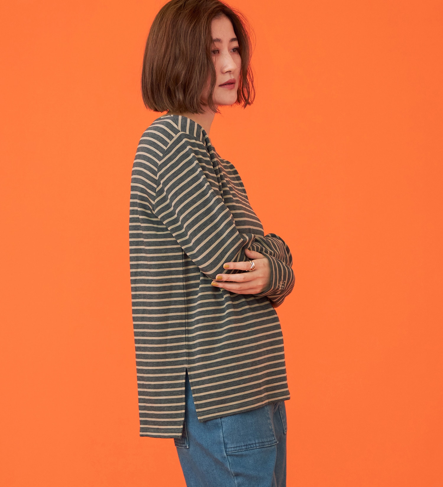 SOMETHING(サムシング)のSOMETHING BODYFIREモックネック長袖カットソー【暖】|トップス/Tシャツ/カットソー/レディース|グレー系その他