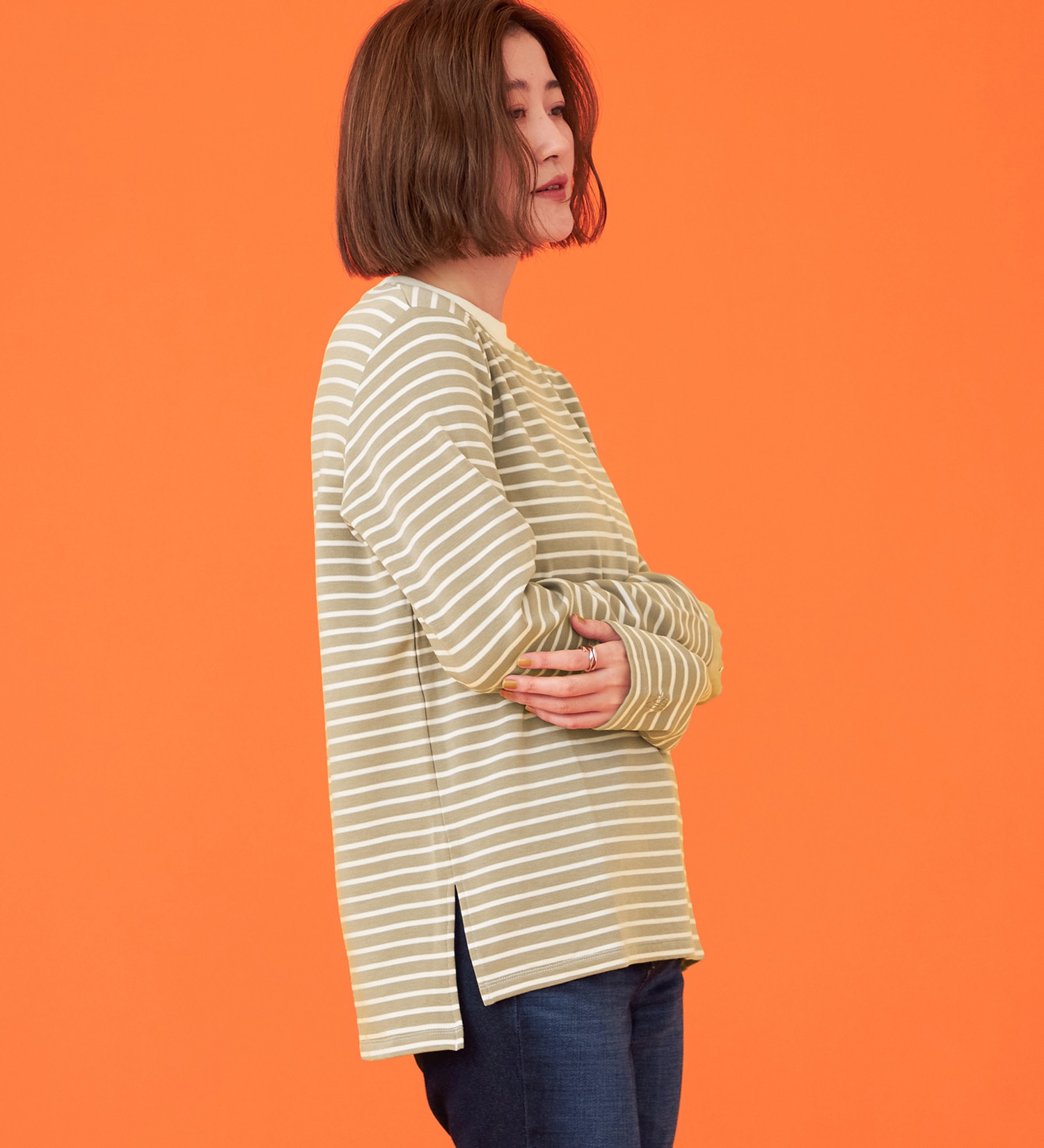 SOMETHING(サムシング)のSOMETHING BODYFIREモックネック長袖カットソー【暖】|トップス/Tシャツ/カットソー/レディース|ベージュ系その他