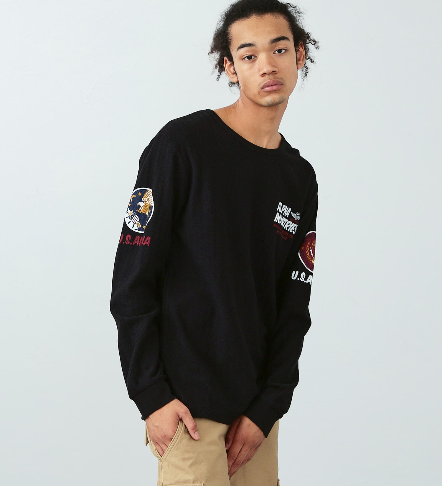 ALPHA(アルファ)の【決算SALE】ヘリンボーンバックプリント長袖Tシャツ|トップス/Tシャツ/カットソー/メンズ|ブラック