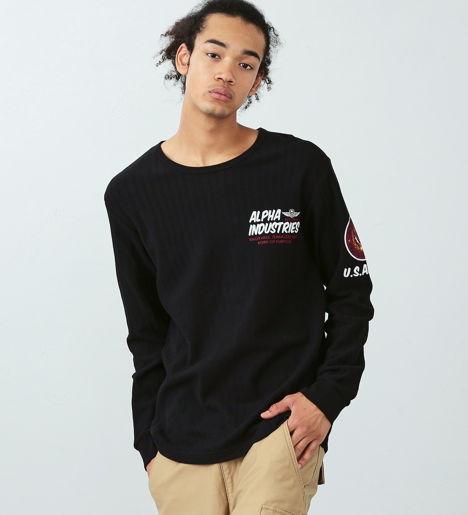 ALPHA(アルファ)の【決算SALE】ヘリンボーンバックプリント長袖Tシャツ|トップス/Tシャツ/カットソー/メンズ|ブラック