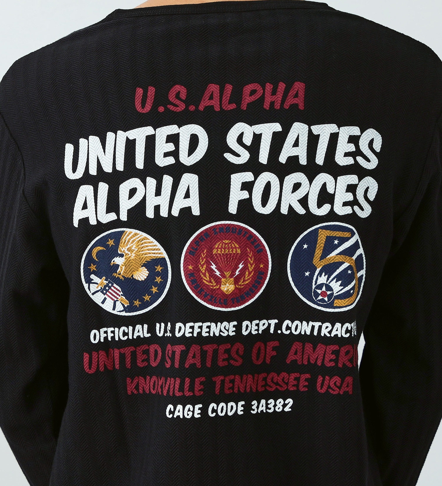 ALPHA(アルファ)の【決算SALE】ヘリンボーンバックプリント長袖Tシャツ|トップス/Tシャツ/カットソー/メンズ|ブラック