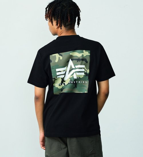 ALPHA(アルファ)の【TIME SALE】バックプリントBOXロゴTシャツ 半袖|トップス/Tシャツ/カットソー/メンズ|ブラックxグリーン