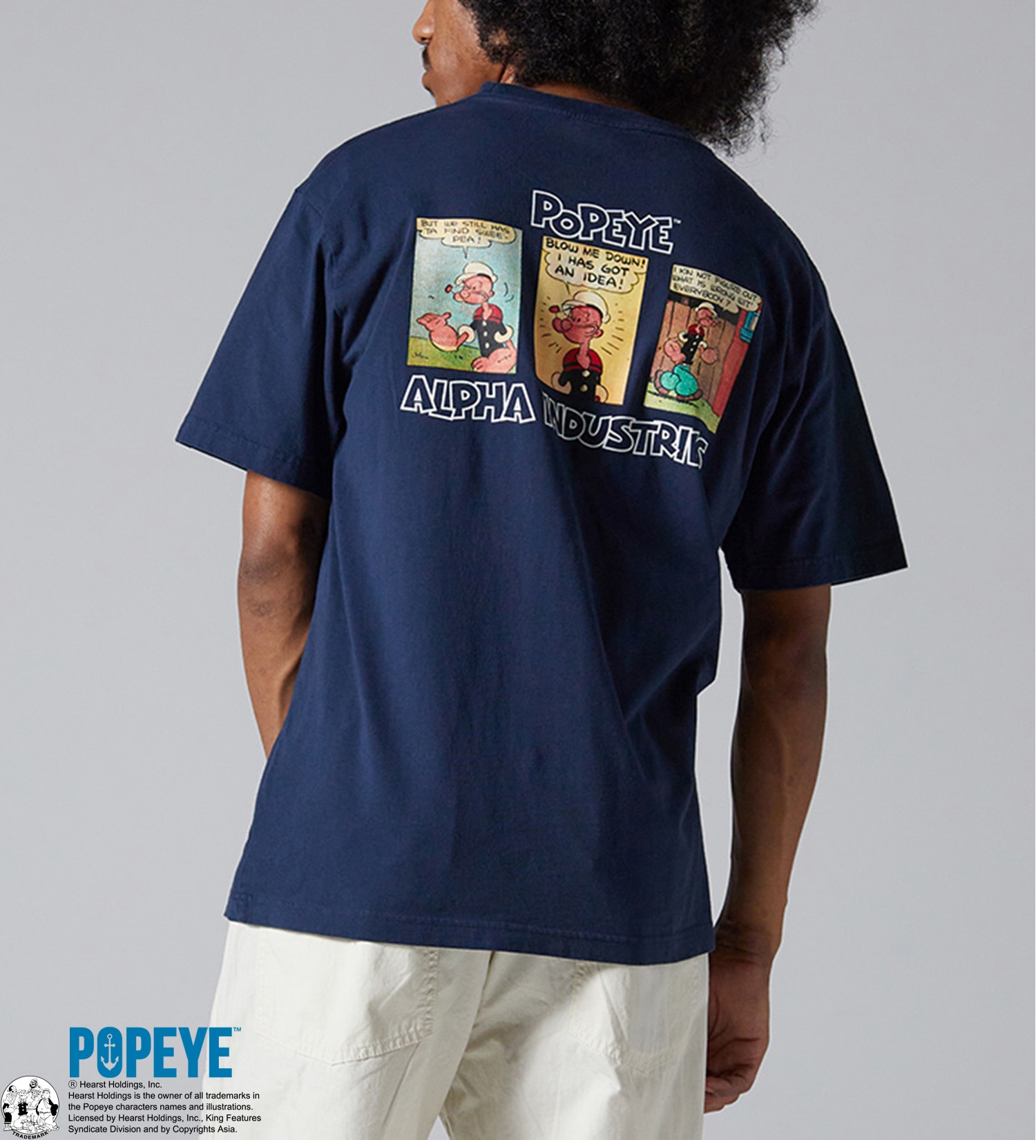 ALPHA(アルファ)の【おまとめ割対象】POPEYE(TM)xALPHA バックプリントTシャツ(コミック)|トップス/Tシャツ/カットソー/メンズ|ネイビー
