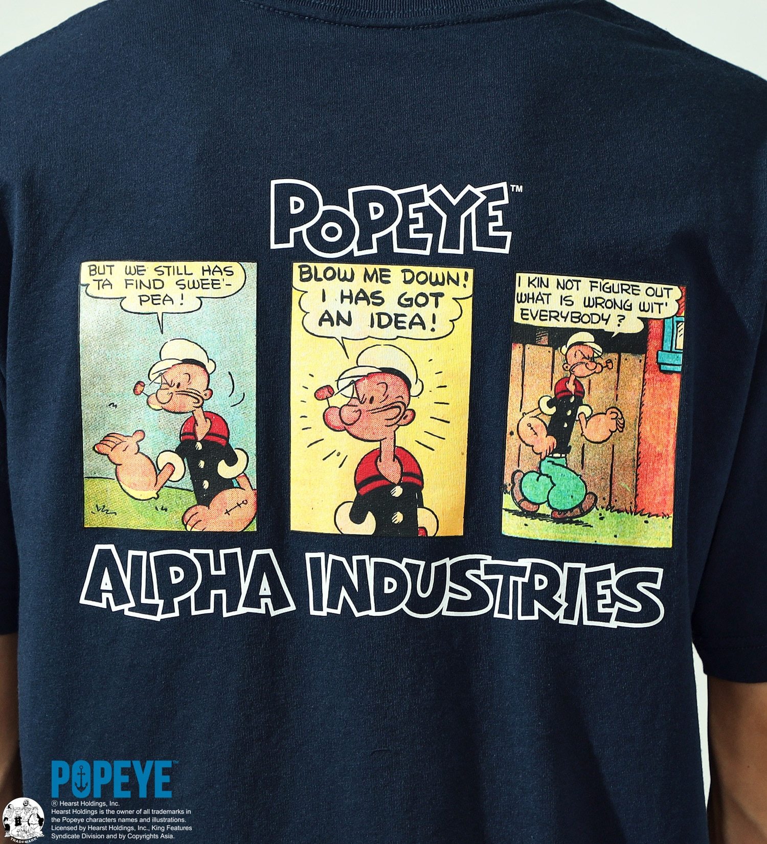 ALPHA(アルファ)の【おまとめ割対象】POPEYE(TM)xALPHA バックプリントTシャツ(コミック)|トップス/Tシャツ/カットソー/メンズ|ネイビー