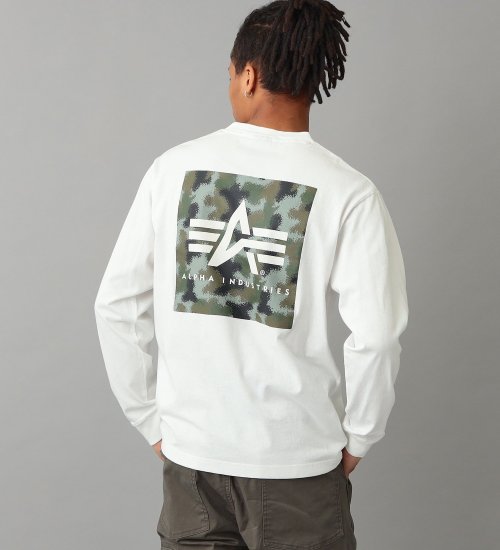 ALPHA(アルファ)のバックプリントボックスロゴ  長袖Tシャツ(カモ柄)|トップス/Tシャツ/カットソー/メンズ|ホワイト
