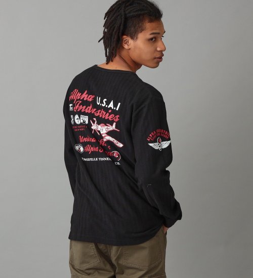ALPHA(アルファ)のヘリンボーンバックプリント長袖Tシャツ|トップス/Tシャツ/カットソー/メンズ|ブラック