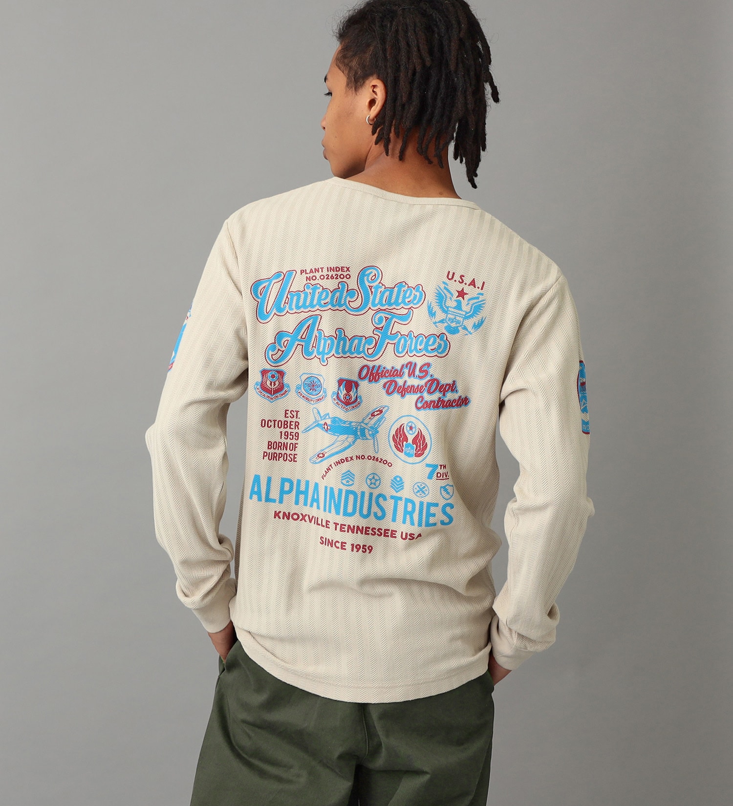 ALPHA(アルファ)の【GW SALE】ヘリンボーンバックプリント長袖Tシャツ|トップス/Tシャツ/カットソー/メンズ|ホワイト系その他