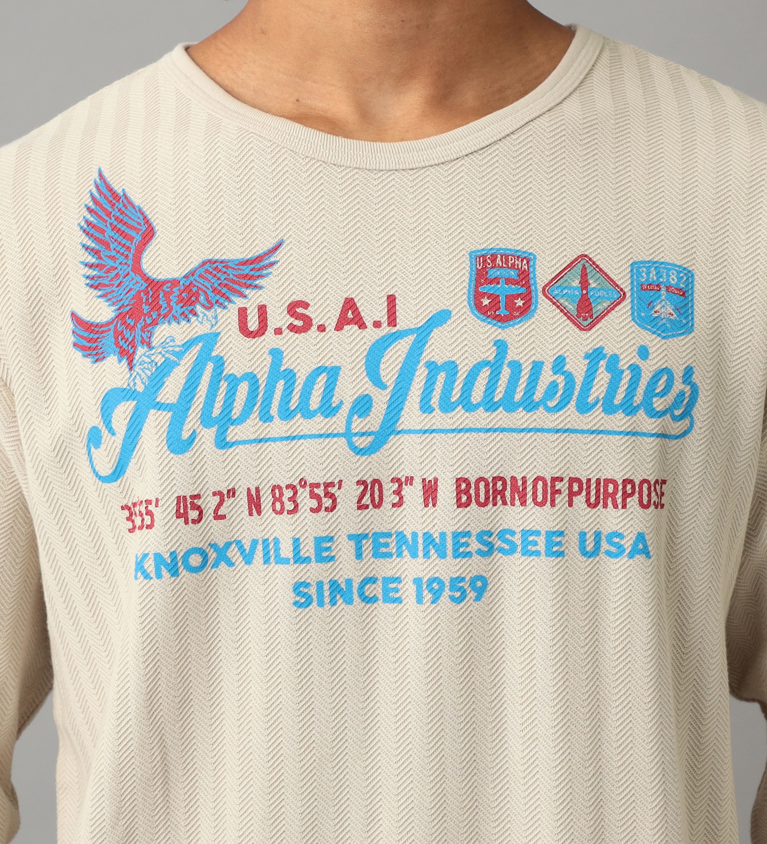 ALPHA(アルファ)の【GW SALE】ヘリンボーンバックプリント長袖Tシャツ|トップス/Tシャツ/カットソー/メンズ|ホワイト系その他