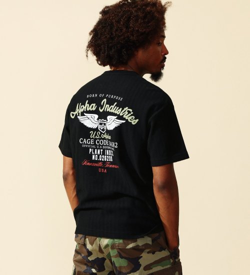ALPHA(アルファ)の【ポイントアップ対象】ヘリンボーン バックプリントTシャツ 半袖|トップス/Tシャツ/カットソー/メンズ|ブラック