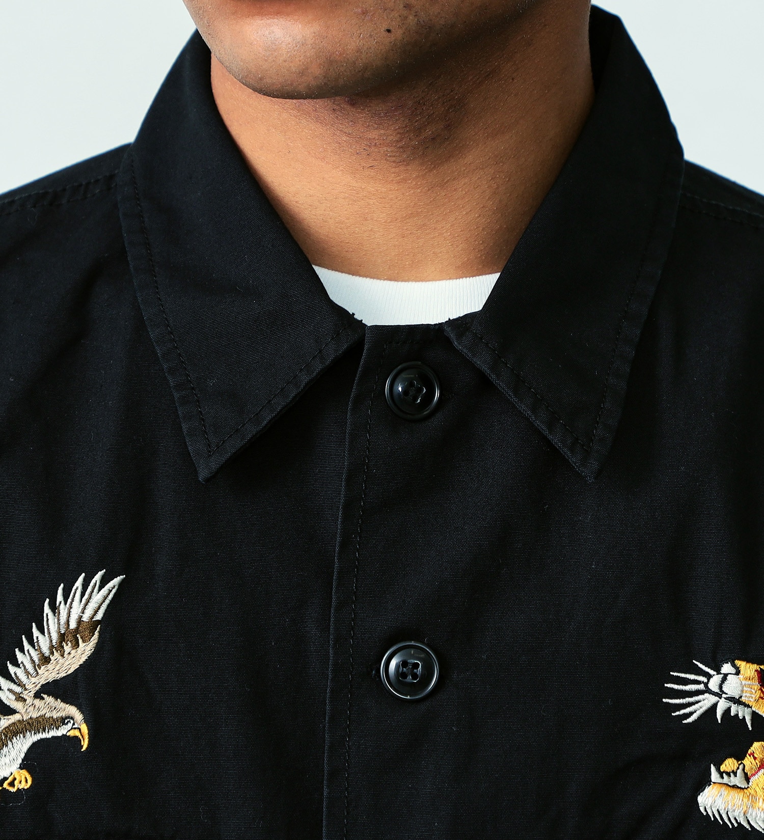 ALPHA(アルファ)の【おまとめ割対象】バック刺繍 ユーティリティーシャツ 半袖|トップス/シャツ/ブラウス/メンズ|ブラック