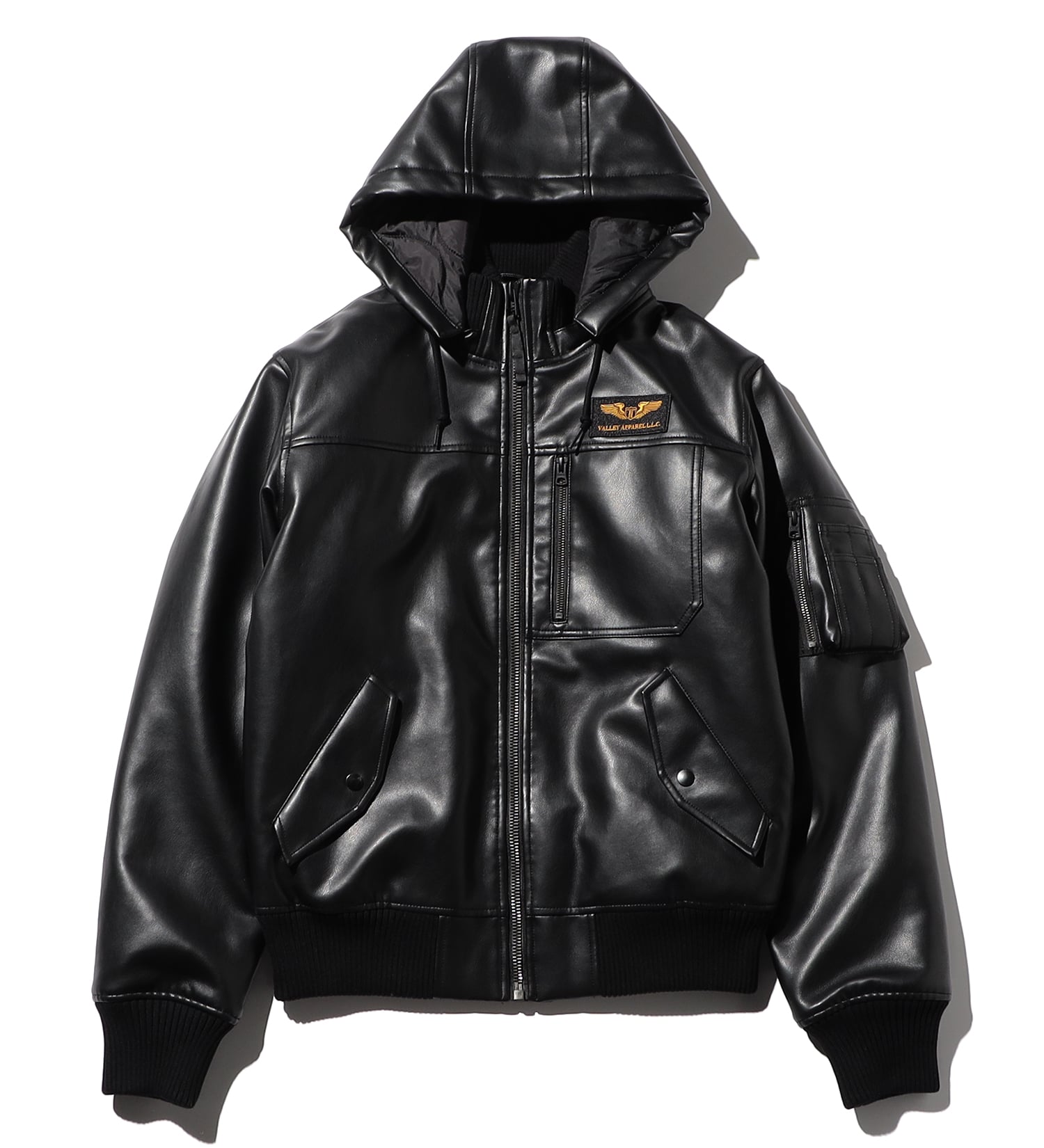 VALLEY APPAREL(バレー アパレル)のフェイクレザー フーデッドリブジャケット|ジャケット/アウター/ミリタリージャケット/メンズ|ブラック