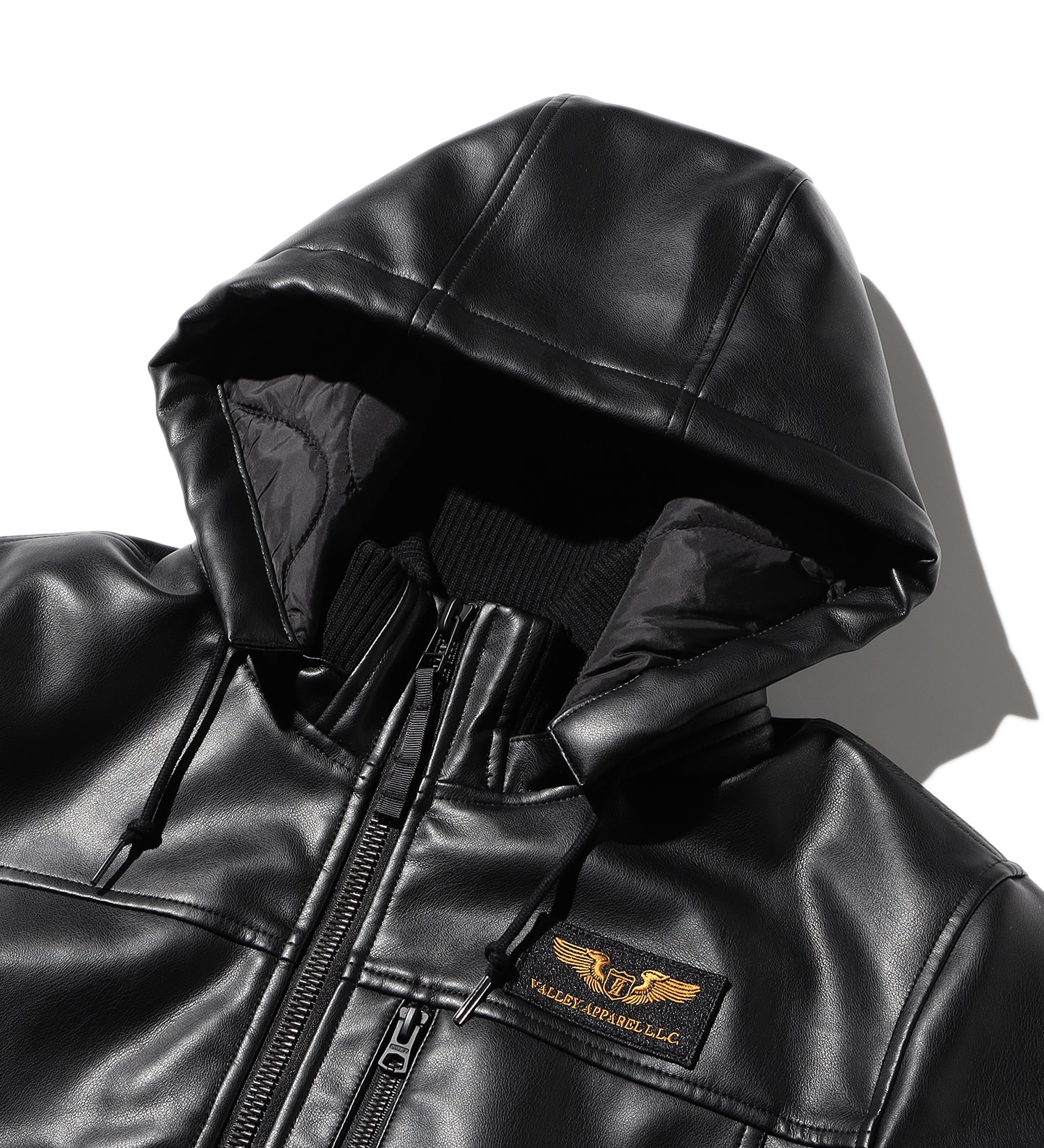 VALLEY APPAREL(バレー アパレル)のフェイクレザー フーデッドリブジャケット|ジャケット/アウター/ミリタリージャケット/メンズ|ブラック