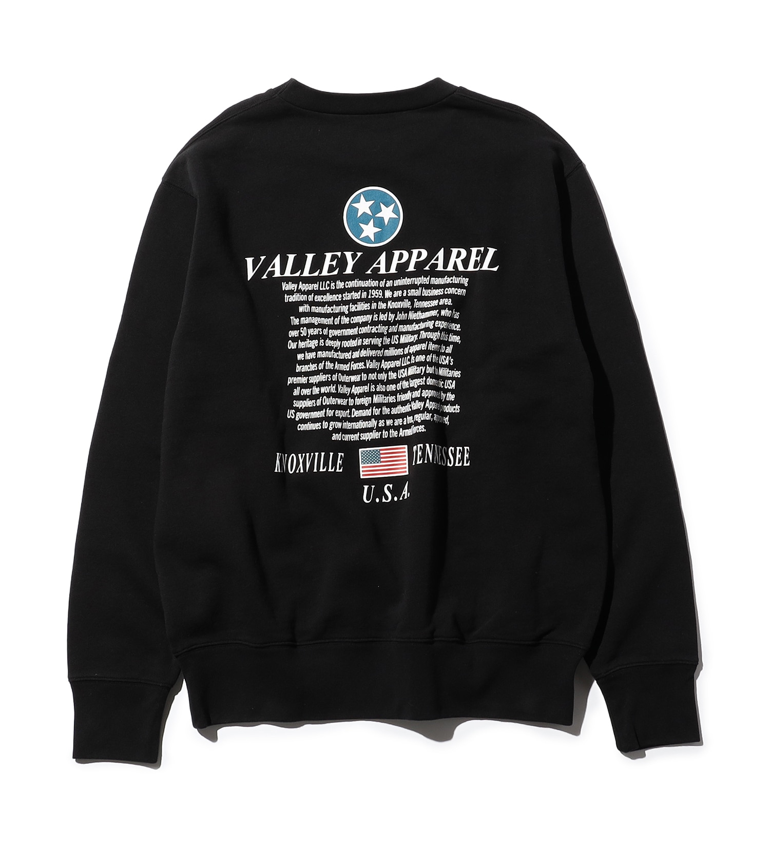 VALLEY APPAREL(バレー アパレル)のヒストリープリントクルーネックスウェット|トップス/スウェット/メンズ|ブラック