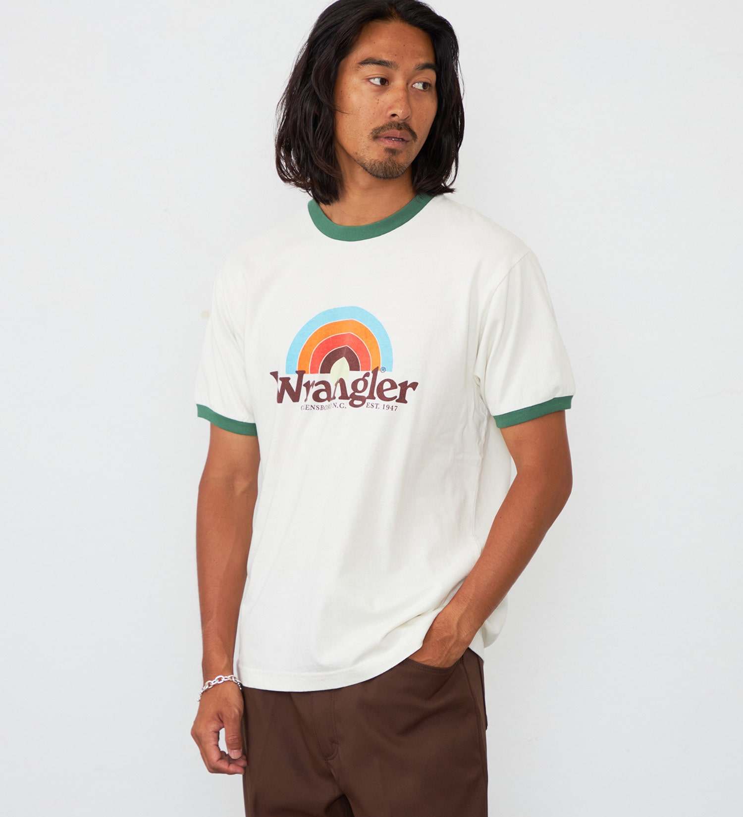 Wrangler(ラングラー)のレインボーロゴ WRINGER Tシャツ|トップス/Tシャツ/カットソー/メンズ|グリーン