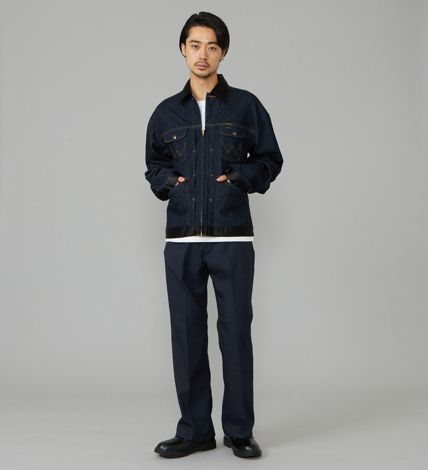 Wrangler(ラングラー)の【試着対象】SWITCHED 24MJZ/デニム×サテンリメイクジャケット【セットアップ可】|ジャケット/アウター/デニムジャケット/レディース|インディゴブルー