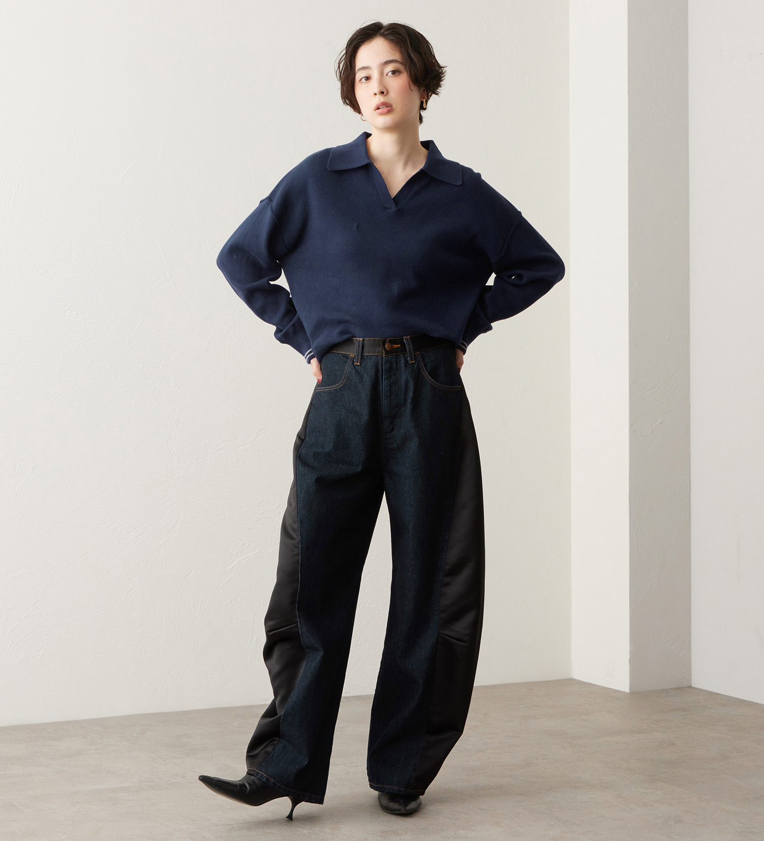 Wrangler(ラングラー)のSWITCHED BARREL JEAN/デニム×サテンリメイクデ二ムパンツ【セットアップ可】|パンツ/デニムパンツ/レディース|インディゴブルー
